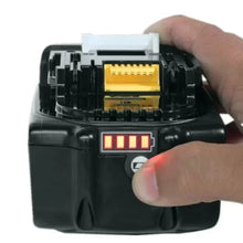 Makita 18V battery detail close-up showing LED power indicator