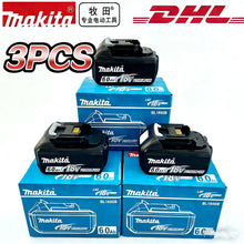 Makita battery packaging shot with three blue and black battery packs
