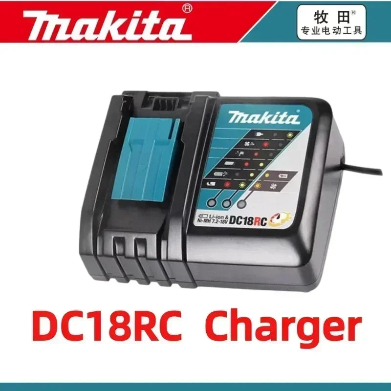 Makita 18V battery and DC18RC charger packaging with blue and black accents