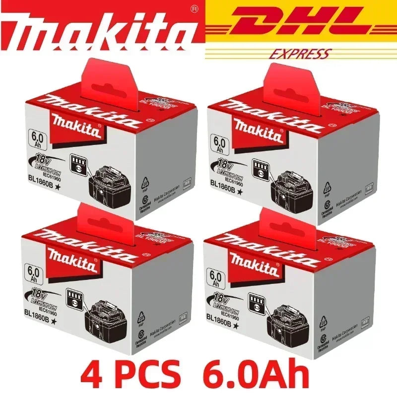 4 PCS 6.0Ah battery pack packaging in red, white, and black, front view