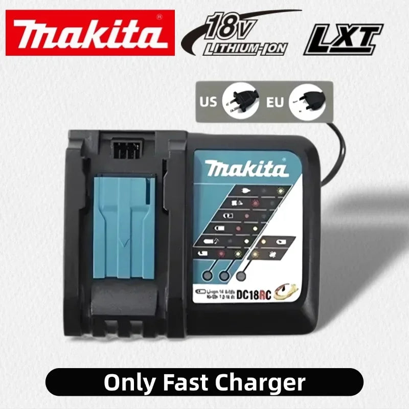 Fast charger packaging with dual-slot design, black and blue, front view