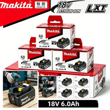 Makita 18V 6.0Ah battery packs in red and black packaging, front view