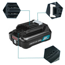 Makita 10.8V battery pack detail, connector and charging contacts close-up