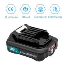 Makita 10.8V battery charger detail, black and blue with LED indicator