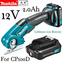 Makita 10.8V battery, blue and black front view on white