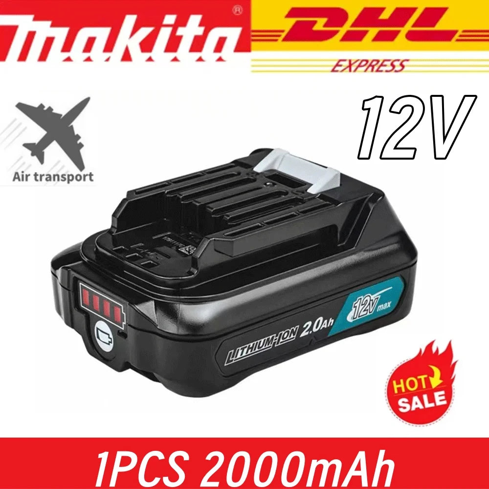 Makita 10.8V battery lifestyle shot with tools, 2000mAh capacity shown
