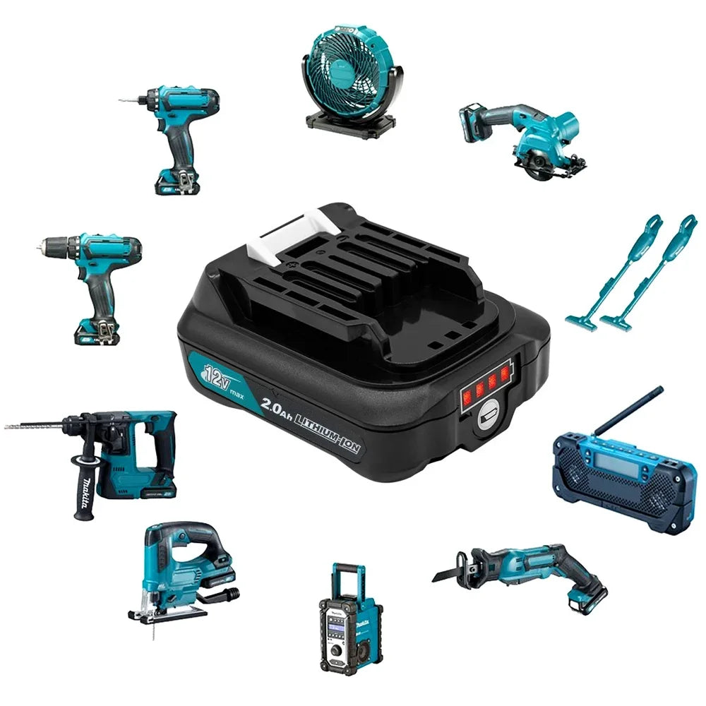 Makita 10.8V battery packaging, product info on colorful box