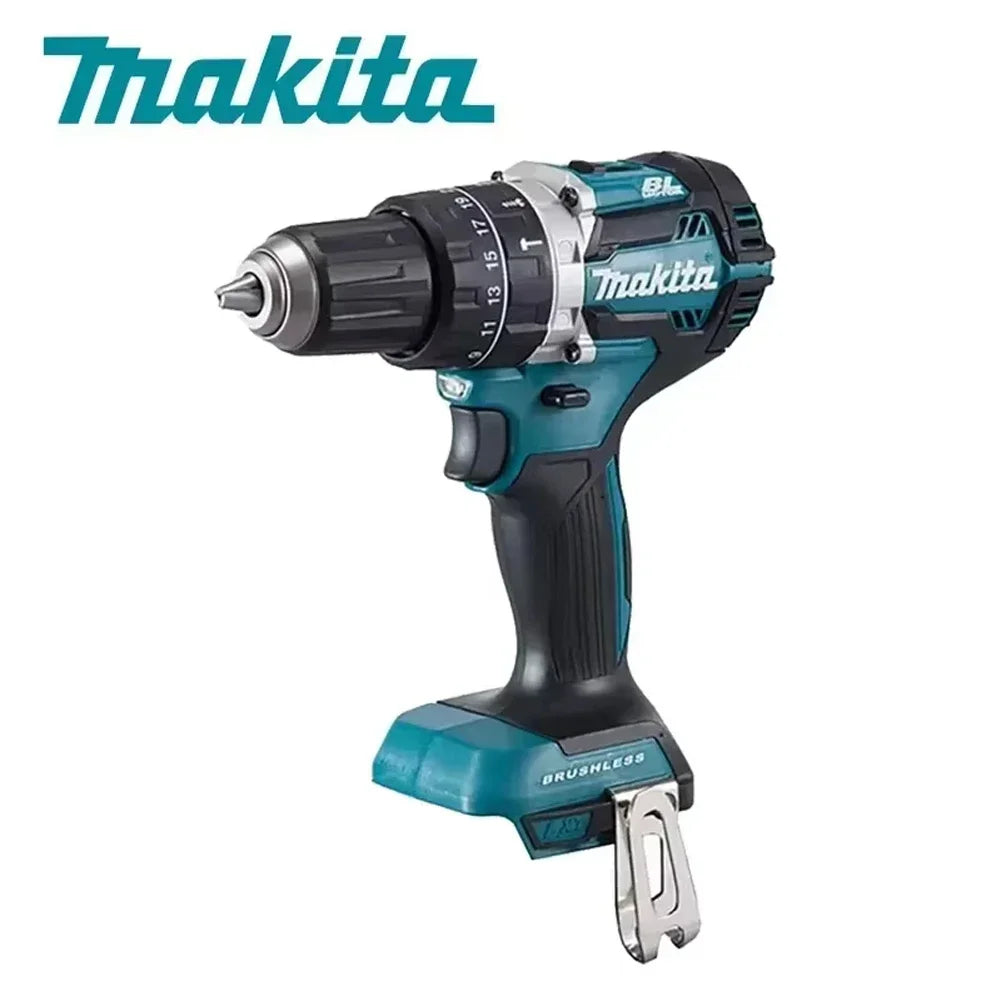 Makita DHP487 cordless drill front view with battery, black and blue brushless