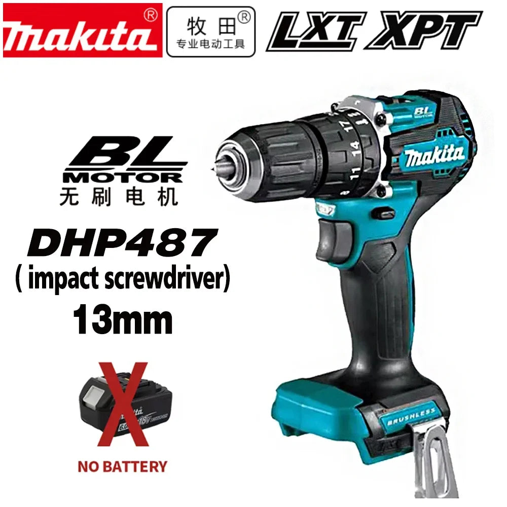 Makita DHP487 drill specifications packaging, blue and black with text details