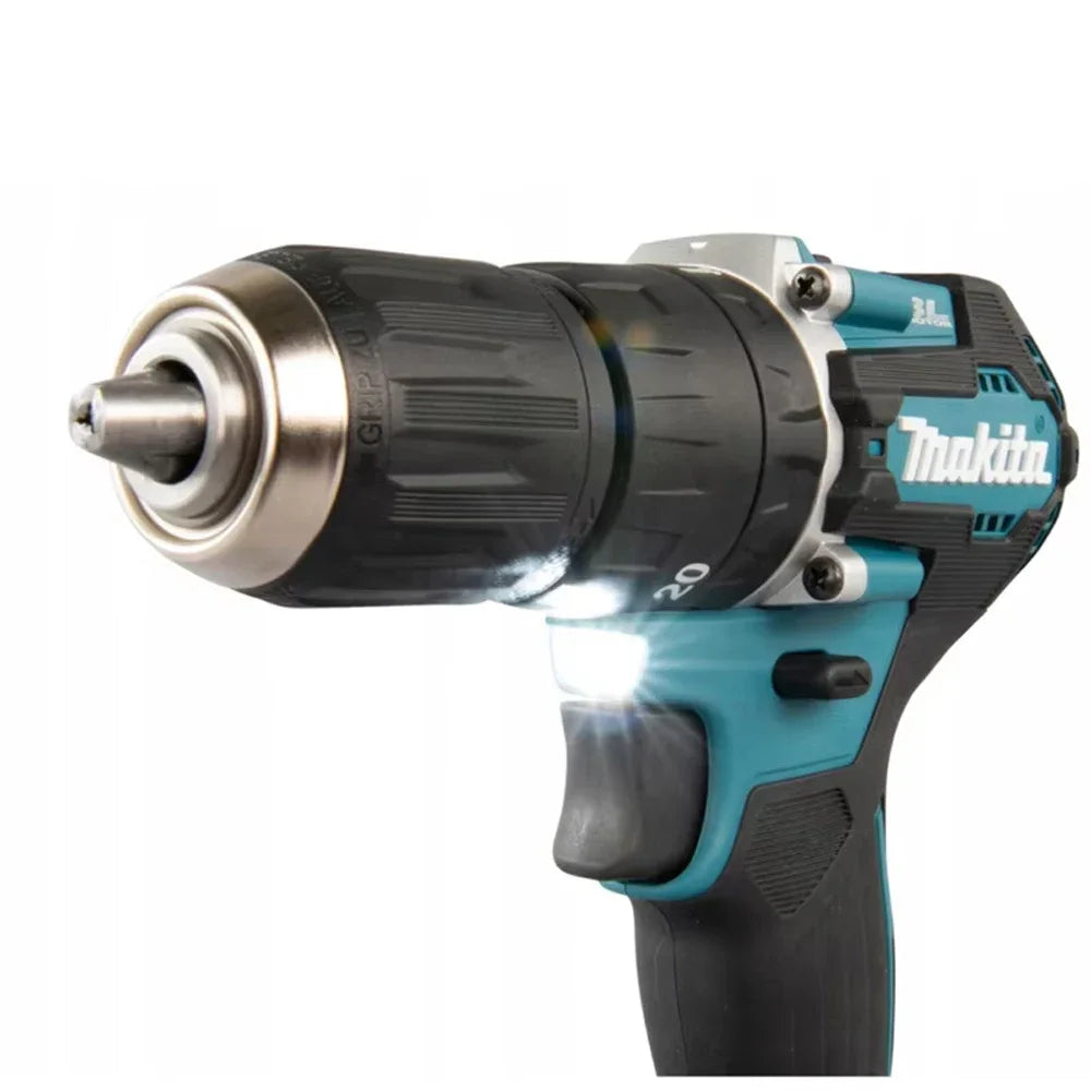 Makita DHP487 cordless drill side view, torque settings in black and blue