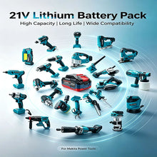 Makita 21V battery pack lifestyle shot, blue and black with tools