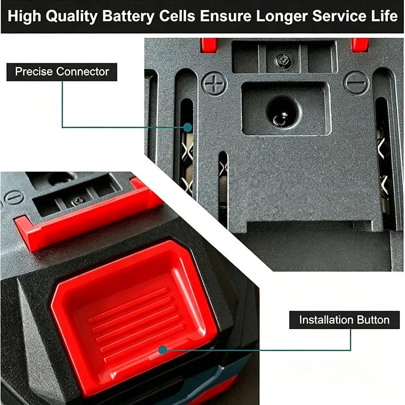 Makita 21V charger back view, black and red with ventilation slots