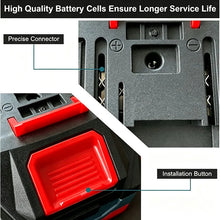 Makita 21V charger back view, black and red with ventilation slots