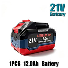 Makita 21V battery front view, 12.0Ah pack in red and black