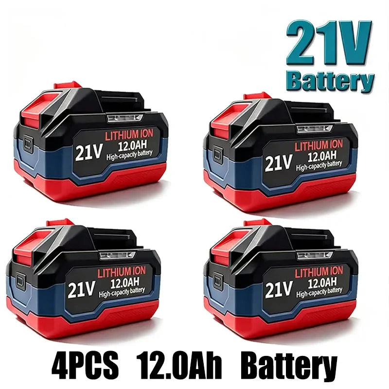 Makita 21V 4-pack batteries front view, large capacity in red and black