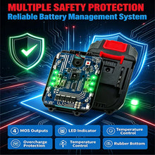 Makita 21V battery management system detail, safety features close-up