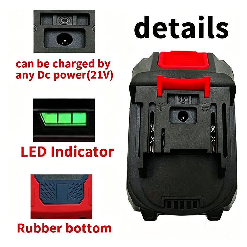 Makita 21V battery details close-up, LED charge indicator in black