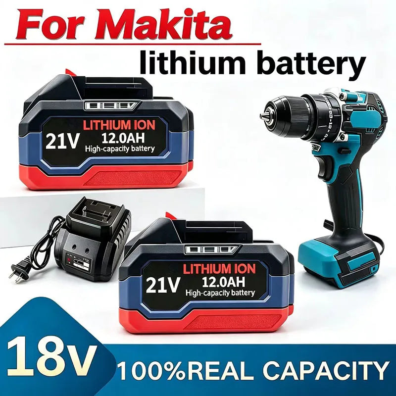 Makita 21V battery lifestyle shot, black pack with charger included