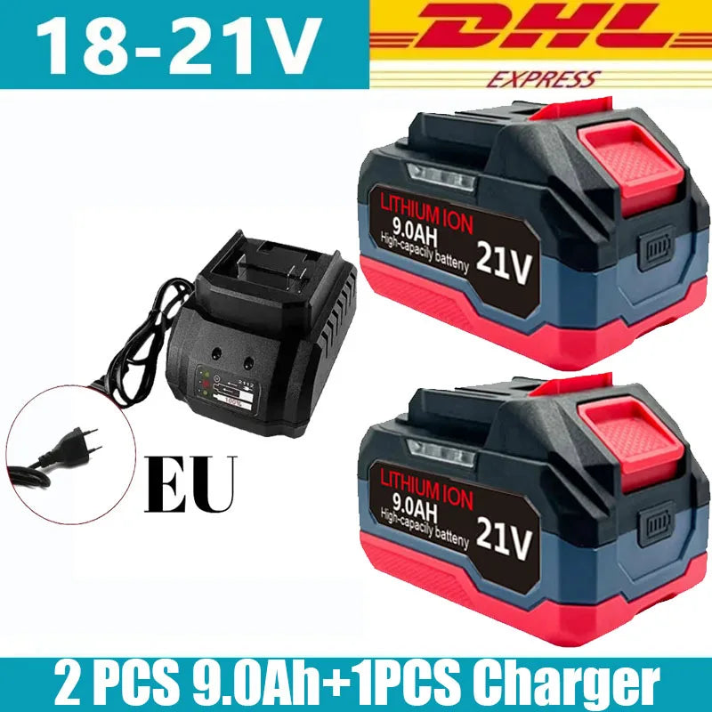 Makita 21V battery set front view, red and black 9.0Ah with charger