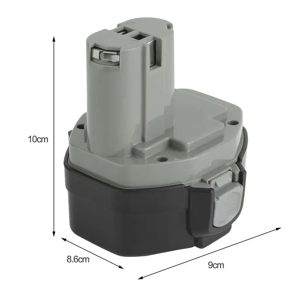 14.4V NI-CD Makita battery pack front view, gray and black
