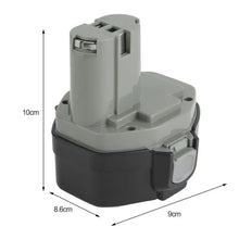 14.4V NI-CD Makita battery pack front view, gray and black