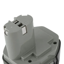 14.4V NI-CD Makita battery pack terminal close-up, gray and black