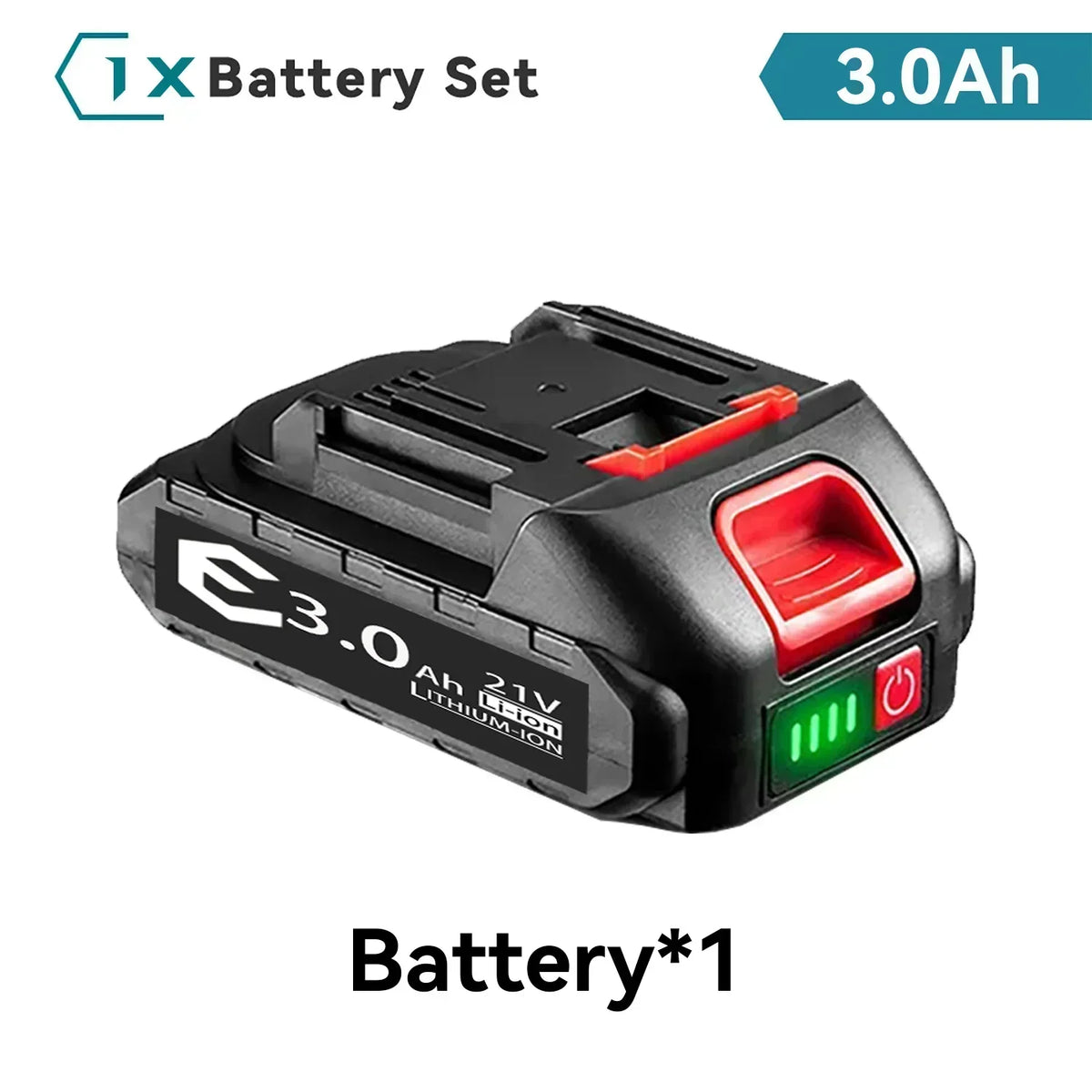 21V Li-ion battery packaging with LED indicators on white