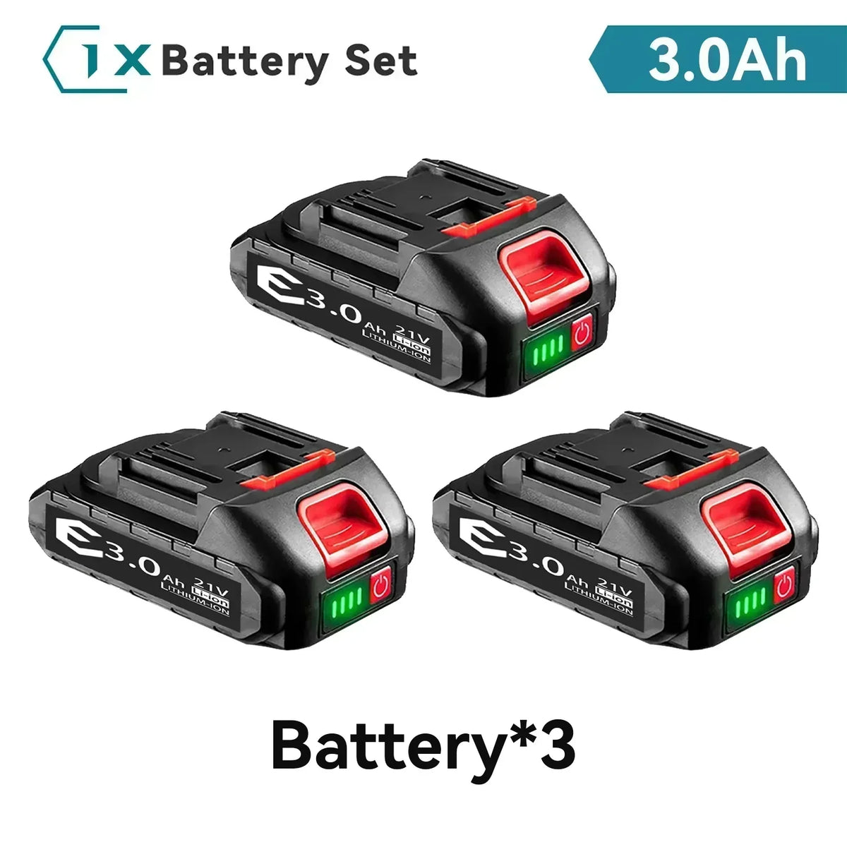 21V Li-ion battery set with three packs and LED indicator on white