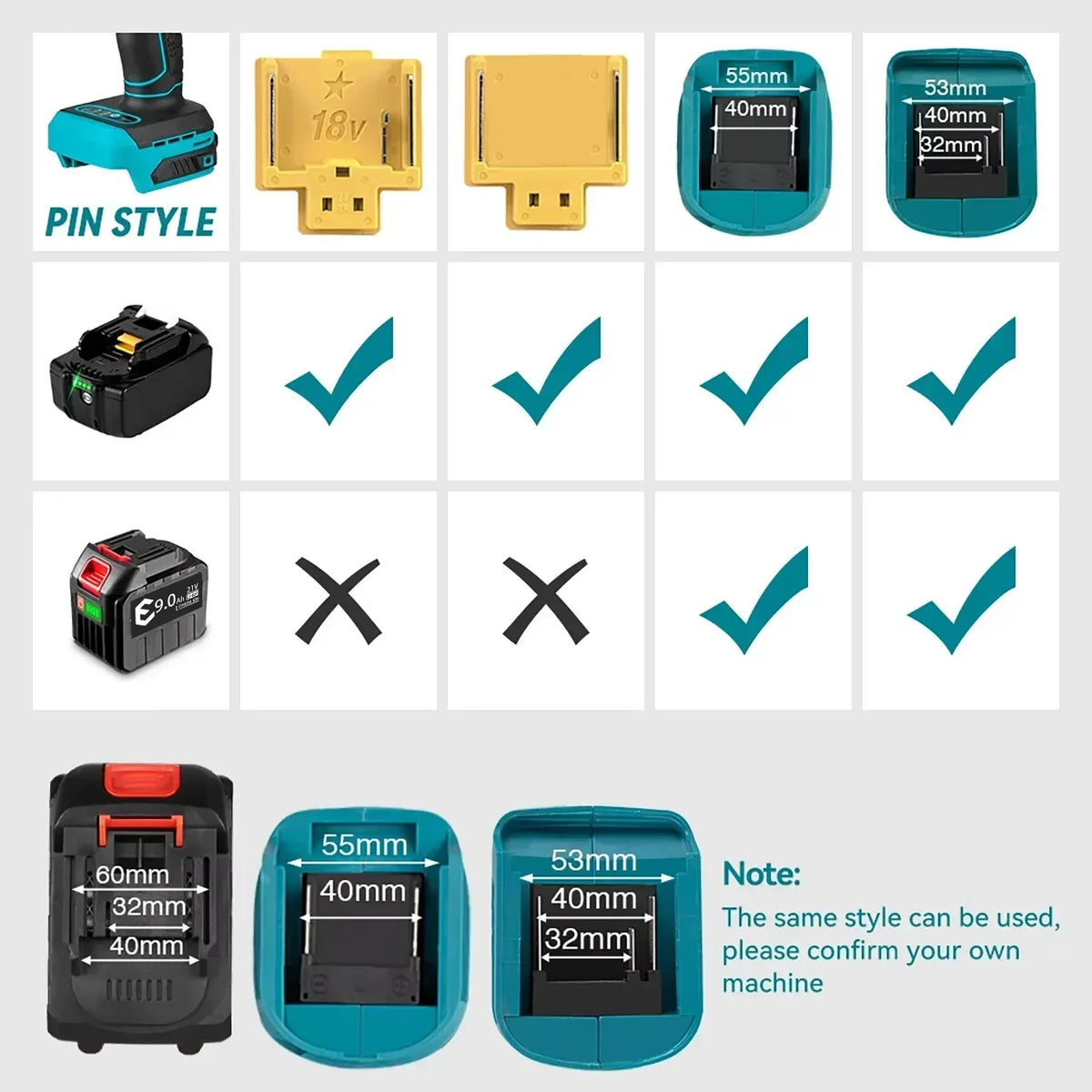 21V Li-ion battery compatibility chart detail with check marks