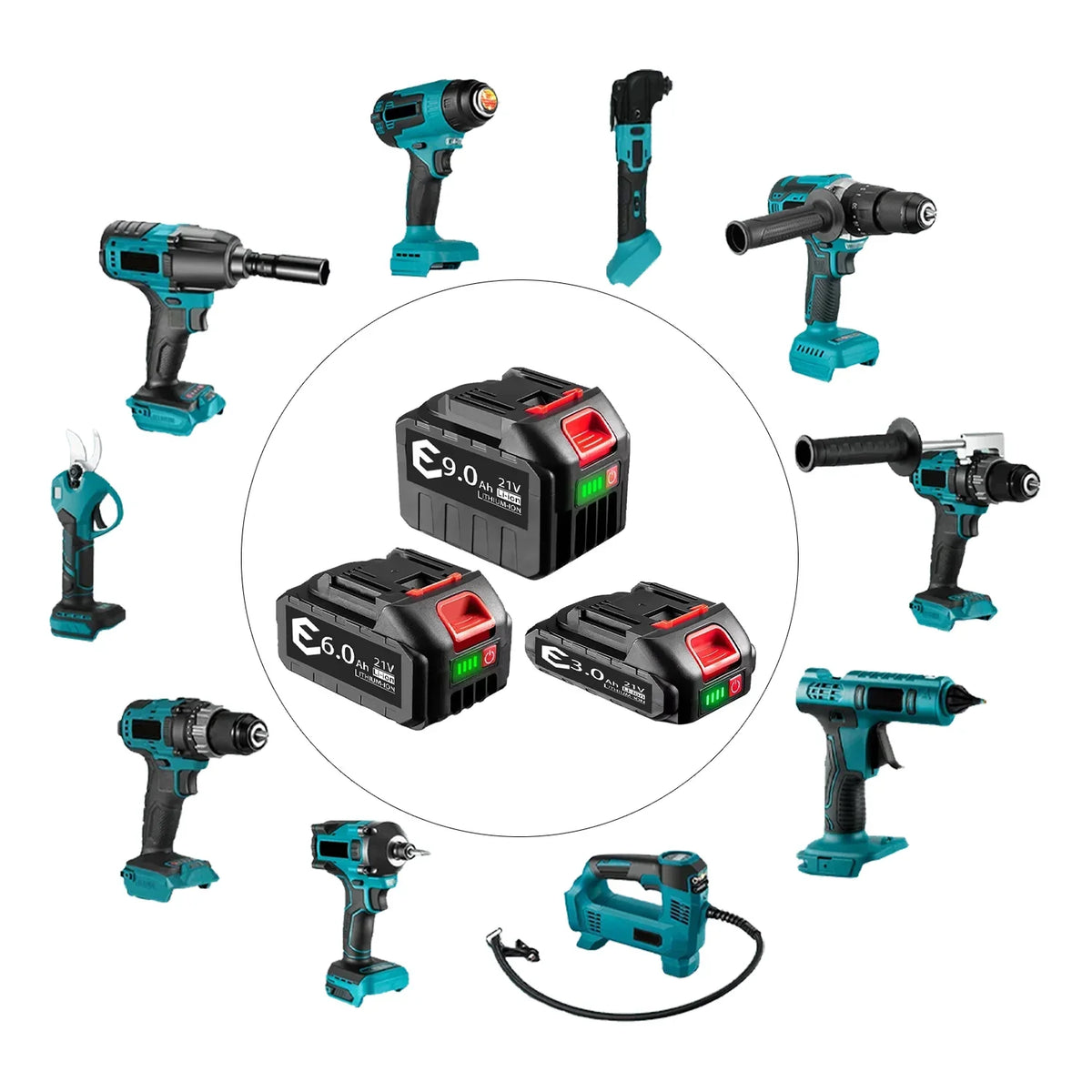 21V Li-ion battery pack lifestyle with power tools, black blue red