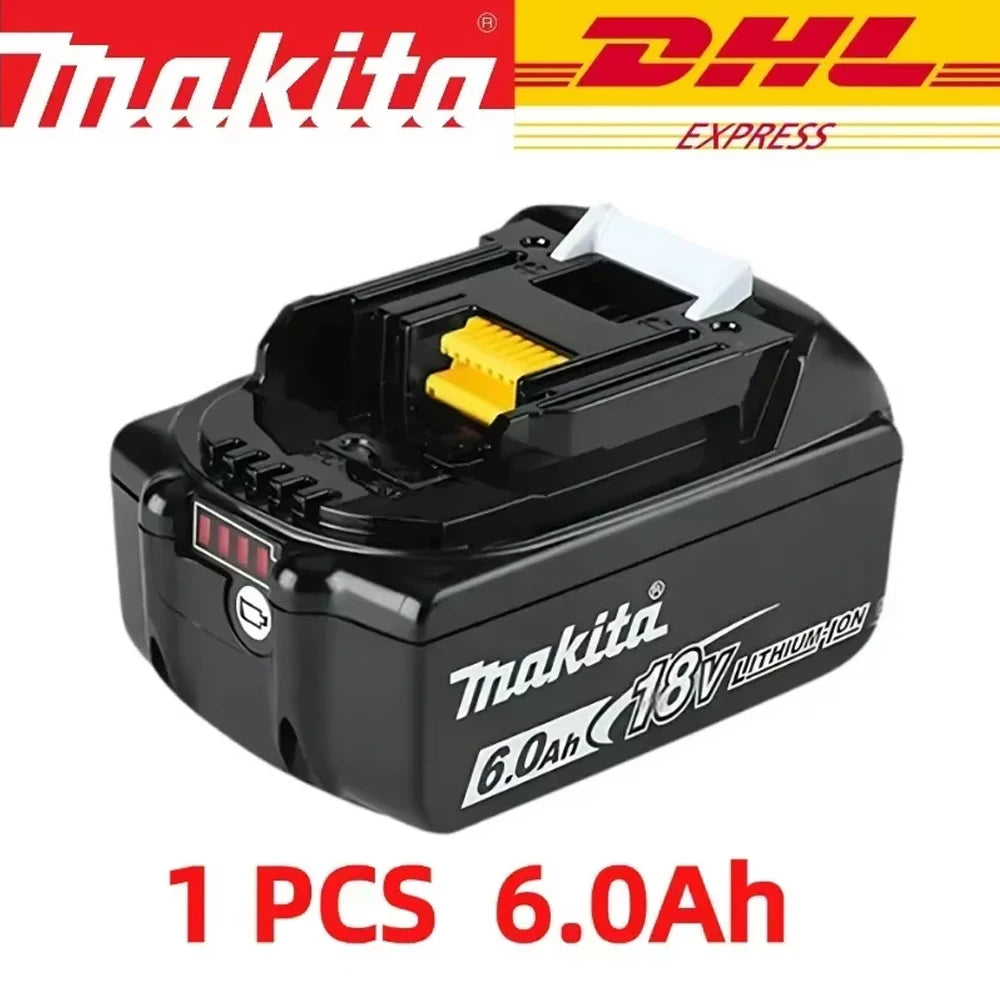 Makita 6Ah battery pack packaging, black yellow and red with DHL logo