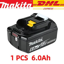 Makita 6Ah battery pack packaging, black yellow and red with DHL logo