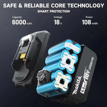 Makita 6Ah lithium battery technology detail, black and blue design