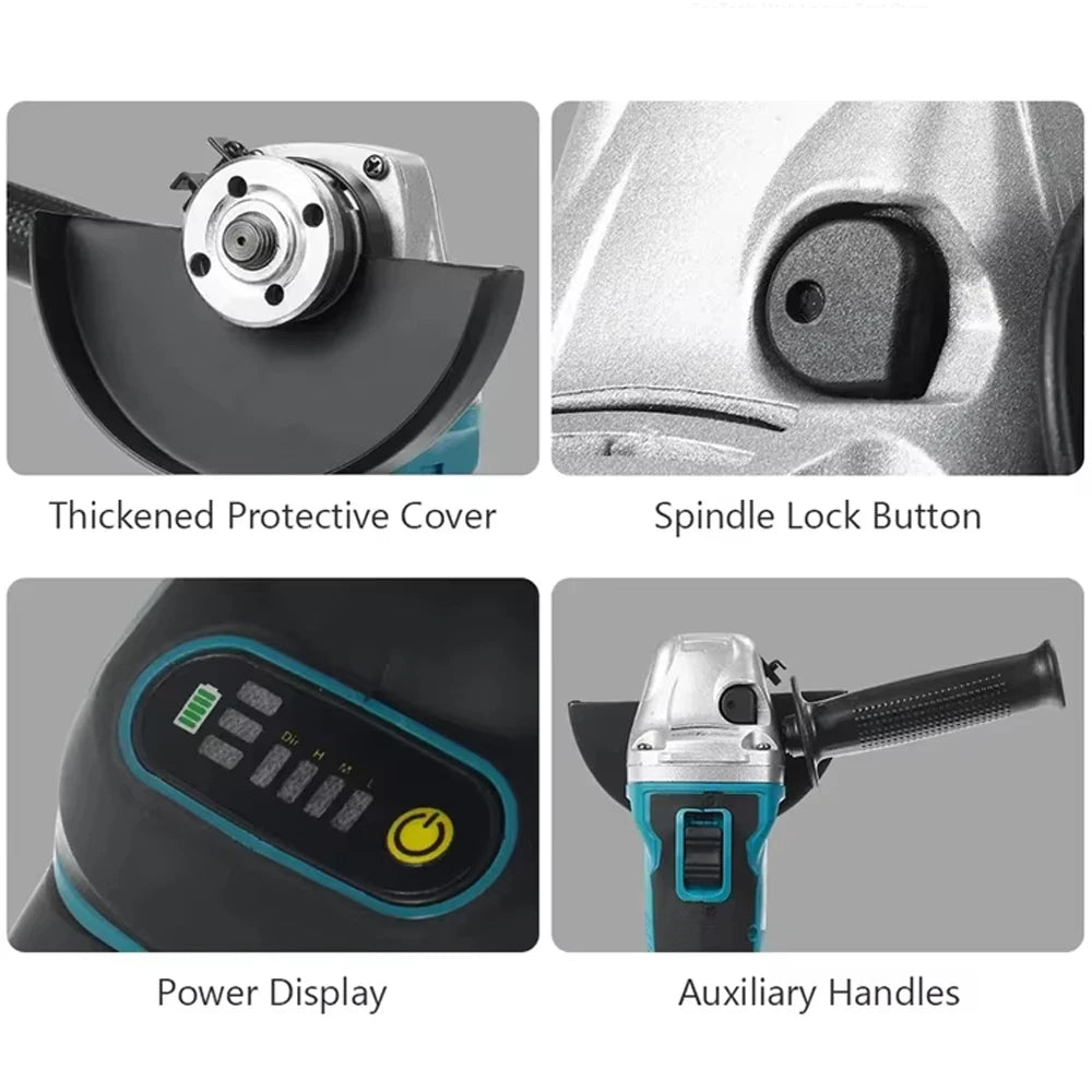 Makita DGA404 components detail with protective cover and power display