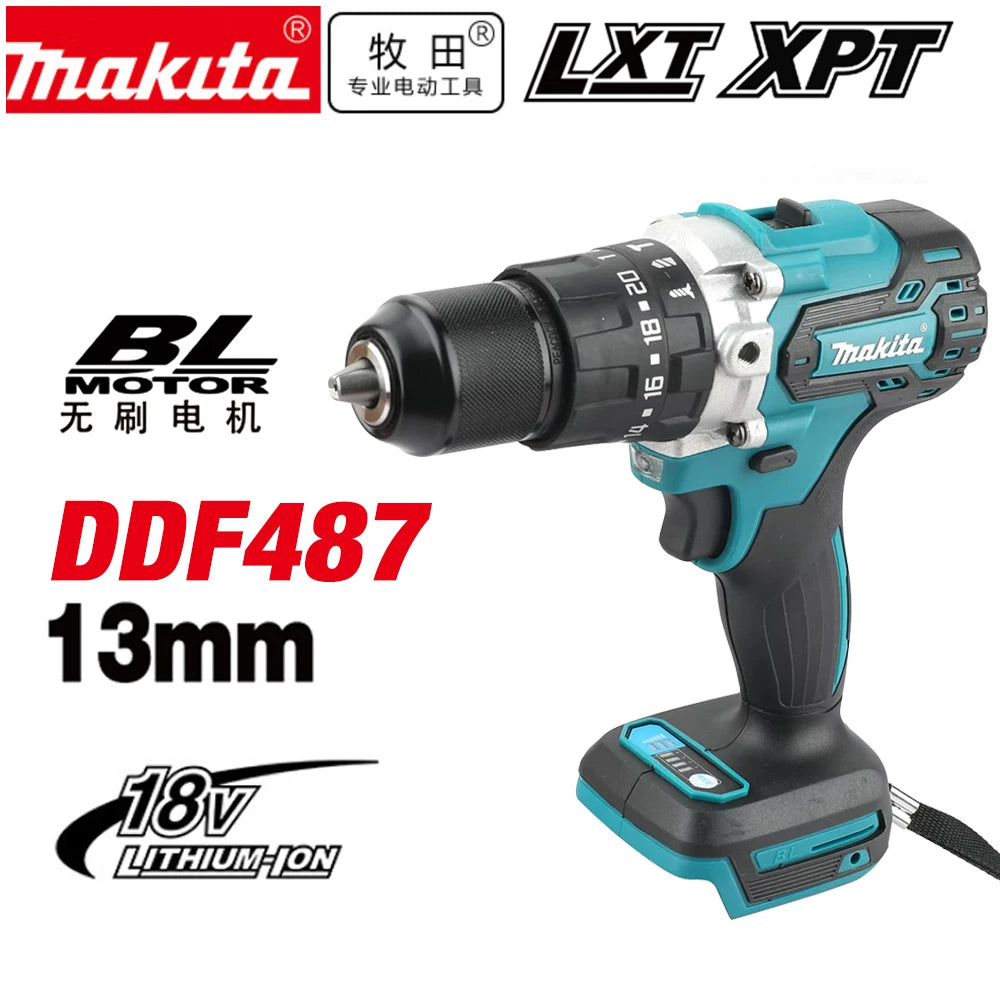 Makita DDF487 cordless drill lifestyle shot, 13mm chuck in black and blue