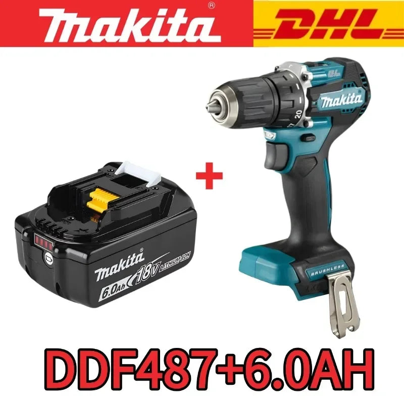 Makita DDF487 cordless drill lifestyle shot, black and blue with battery
