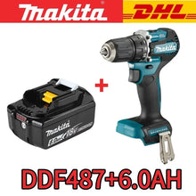 Makita DDF487 cordless drill lifestyle shot, black and blue with battery