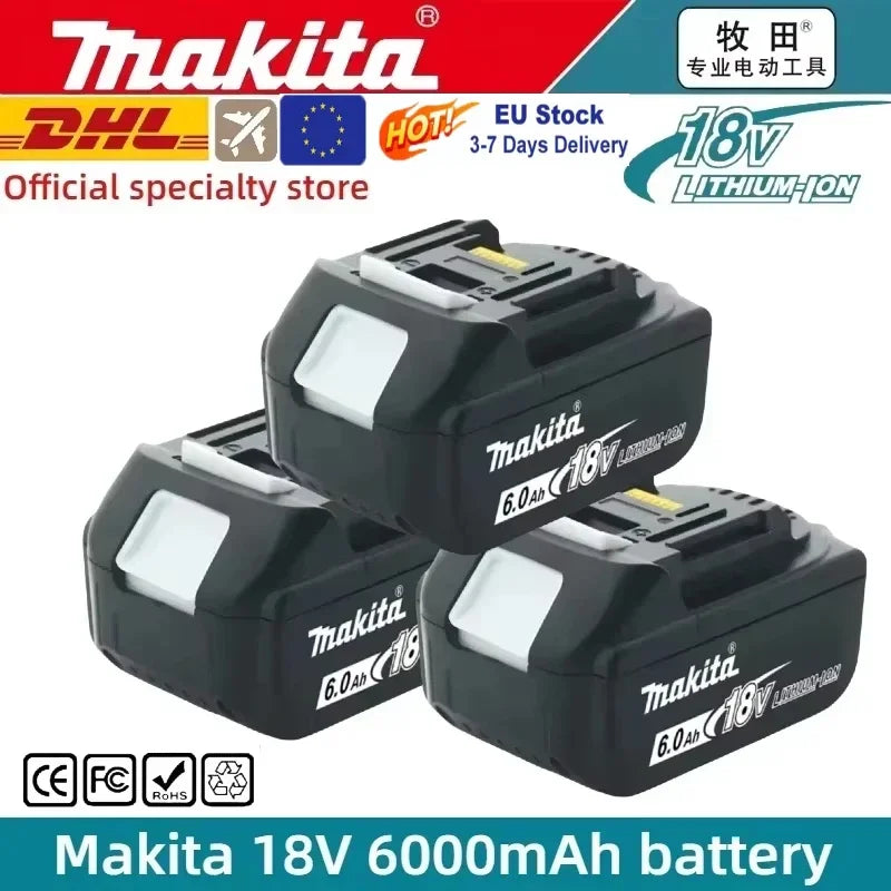 Makita 18V battery packaging with three batteries and LED display, 6000mAh