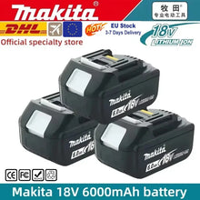 Makita 18V battery packaging with three batteries and LED display, 6000mAh