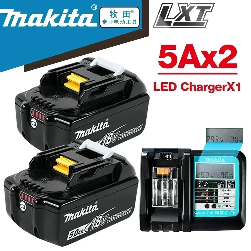 Makita battery pack with charger packaging, LED display, black and yellow