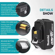 Makita 18V battery compatibility detail graphic, tools and charger shown