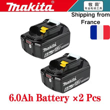 Makita 18V BL1820B 6.0Ah battery packaging, black and yellow, two pieces