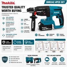 Makita DHR242 trusted quality kit packaging, blue and black with battery included