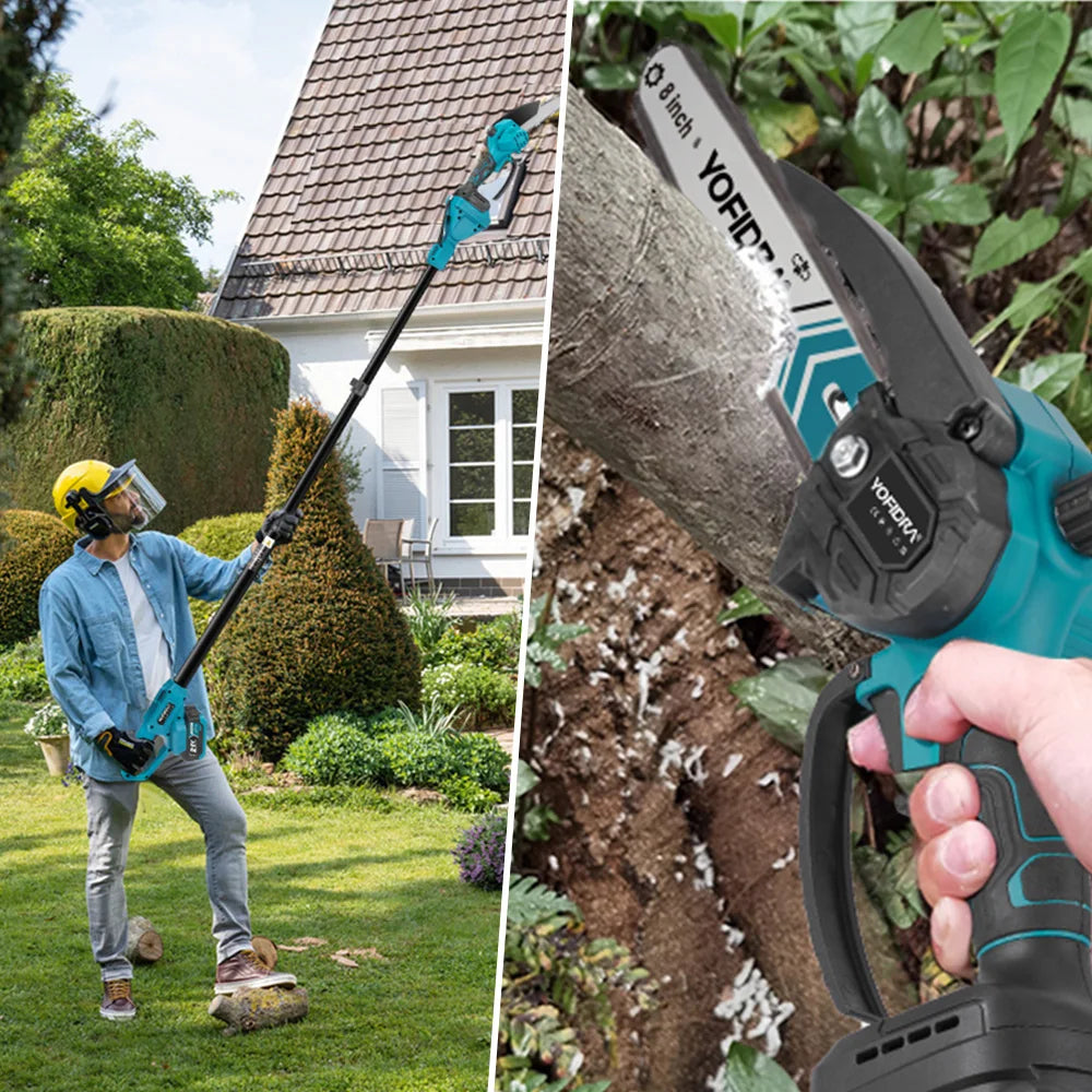 YOFIDRA pole saw in use, brushless motor on telescoping pole in natural setting