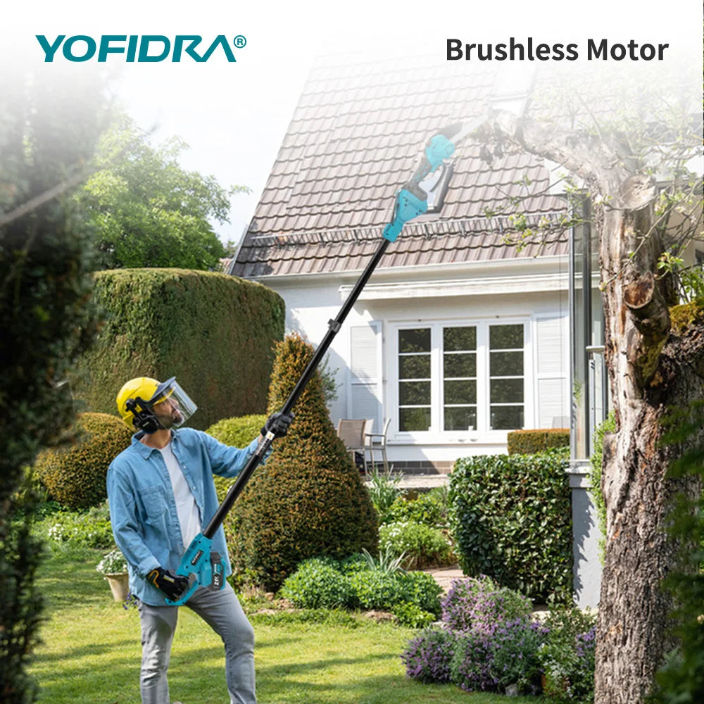 YOFIDRA pole saw in use, brushless motor on telescoping pole in natural setting