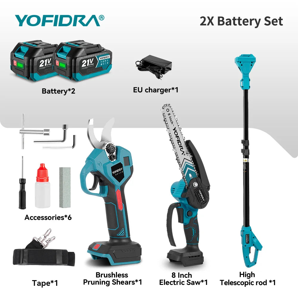 YOFIDRA pole saw components packaging, battery set on white background