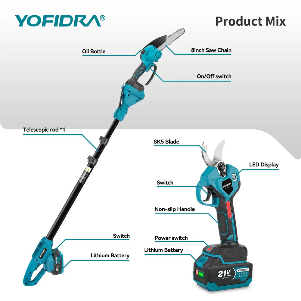 YOFIDRA tool components with battery, blue and black on solid background