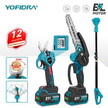 YOFIDRA electric chainsaw scissors, blue and black on white, lifestyle shot