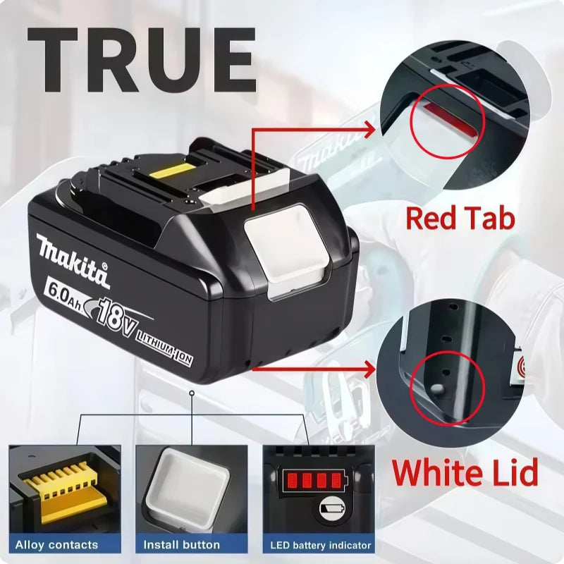 Makita 6Ah battery pack detail, black and yellow with red tab