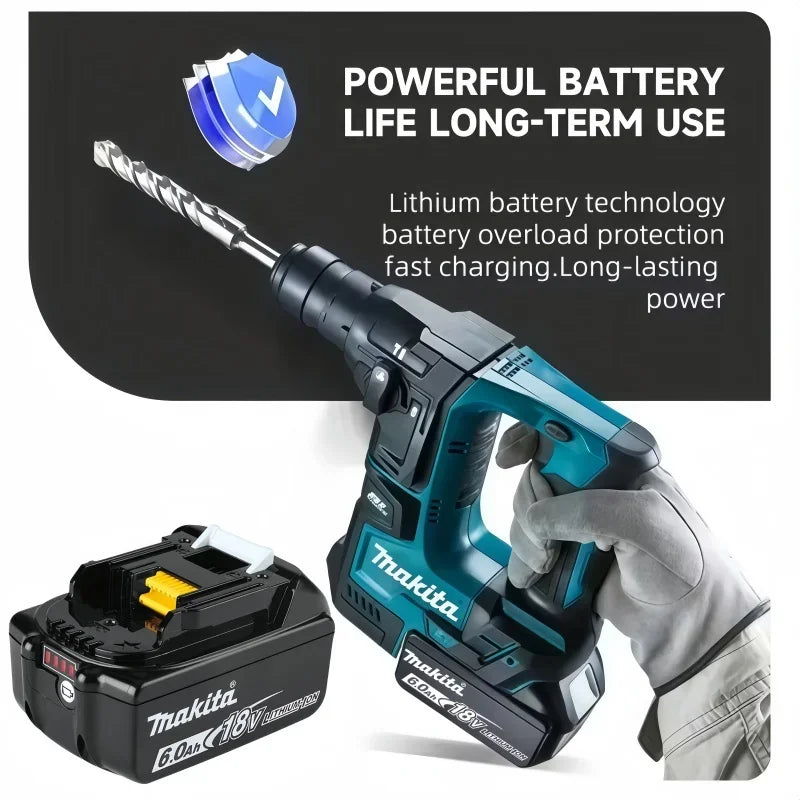 Makita 6Ah battery pack with tool, black and blue, close-up
